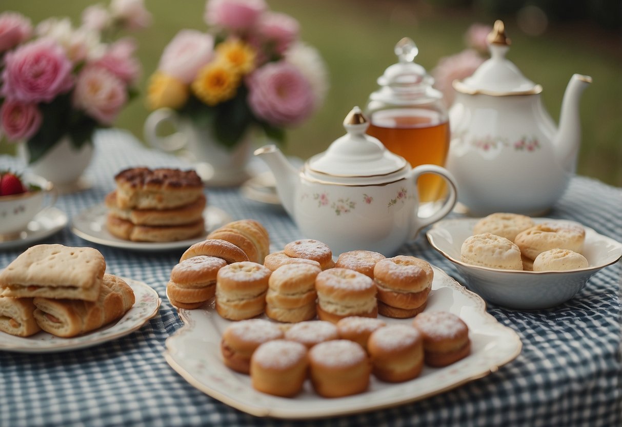 A vintage tea party picnic with mismatched teacups, floral tablecloths, and a spread of finger sandwiches and pastries on a checkered blanket