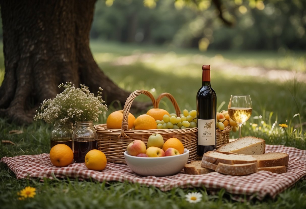 A picnic spread on a checkered blanket under a large oak tree, surrounded by wildflowers and a babbling brook. A wicker basket overflowing with fresh fruits, cheeses, and breads sits in the center, alongside a bottle of wine and