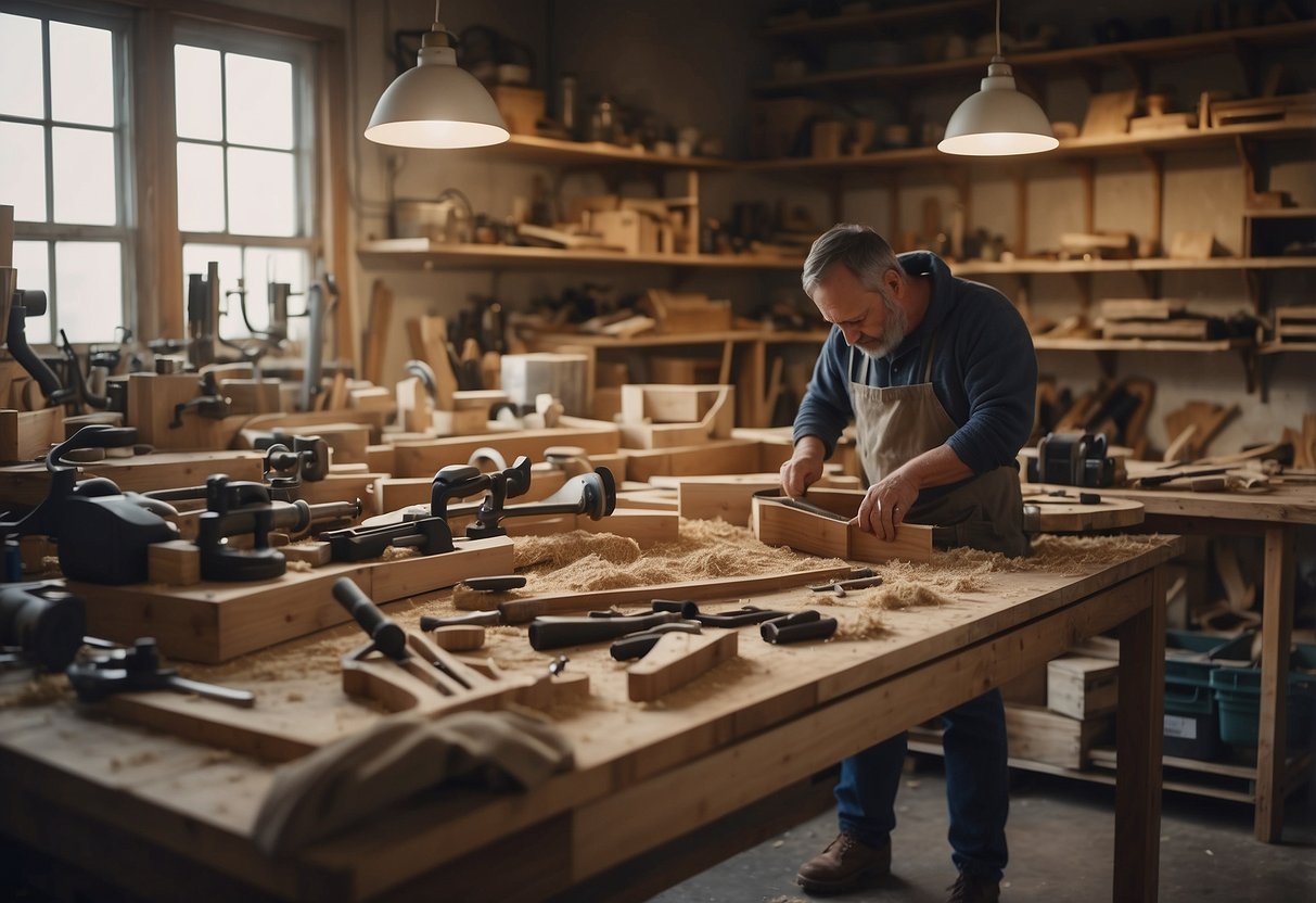 A workshop filled with tools, wood shavings, and unfinished furniture pieces. Skilled craftsmen meticulously shaping and assembling beautiful JB home furniture