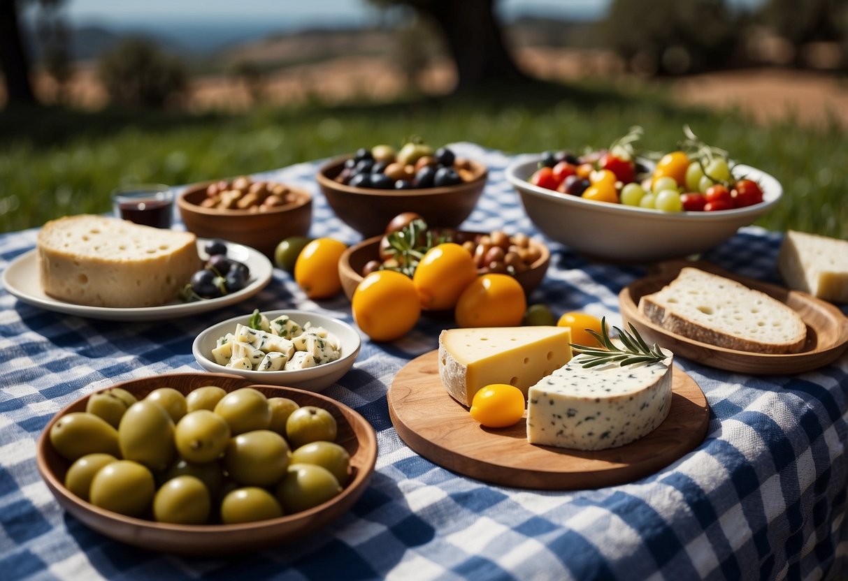 A colorful spread of Mediterranean dishes, surrounded by olive trees and a clear blue sky. A checkered picnic blanket is laid out with an assortment of cheeses, fruits, and bread