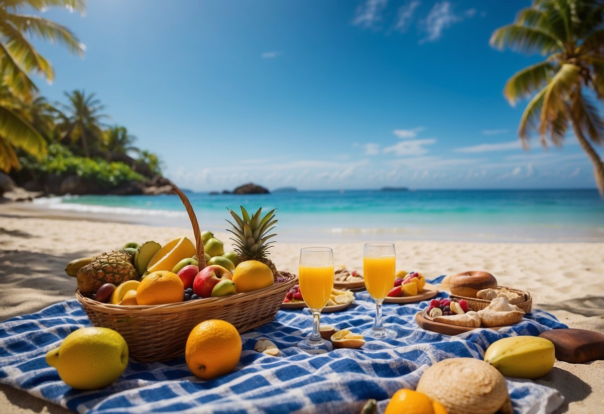 A vibrant tropical beach with palm trees, colorful picnic blankets, fresh fruits, and exotic flowers scattered around. A clear blue sky and crystal-clear waters complete the idyllic scene