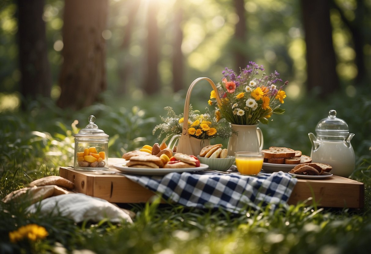 A whimsical forest clearing with a colorful picnic spread under the dappled sunlight, surrounded by towering trees and vibrant wildflowers