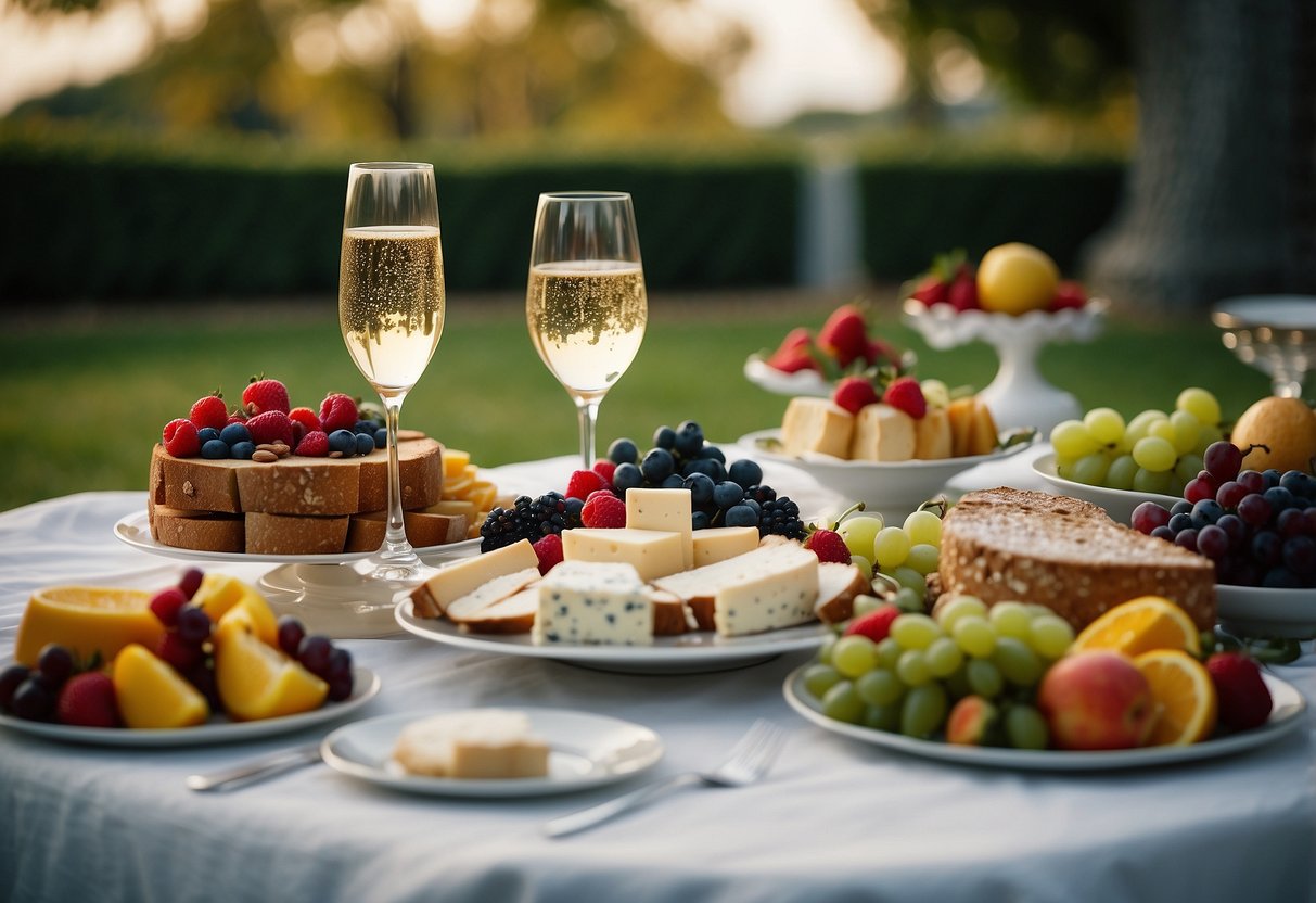 A lavish picnic spread with opulent decor, crystal champagne flutes, and a decadent spread of gourmet cheeses, fruits, and pastries. Sparkling chandeliers and elegant floral arrangements adorn the outdoor setting