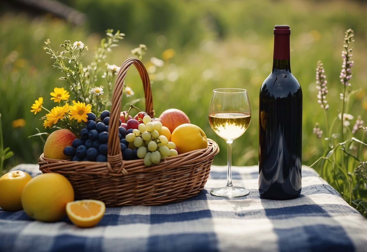 A sunny meadow with a checkered blanket spread out, surrounded by blooming wildflowers and a babbling brook nearby. A wicker basket filled with fresh fruits, sandwiches, and a bottle of wine sits in the center