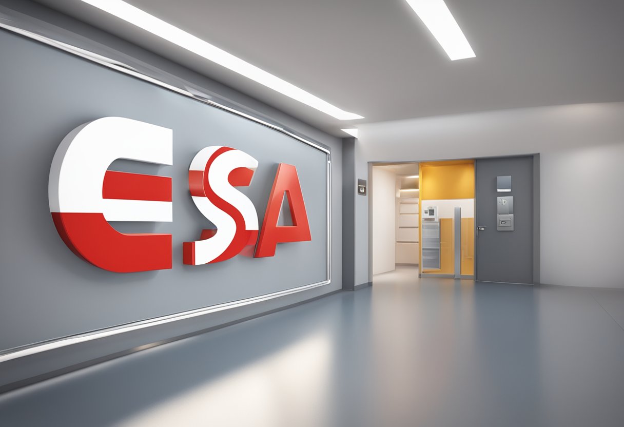 A red and white "ESA" sign hangs on a wall, with a clear, visible "kennzeichen" label underneath