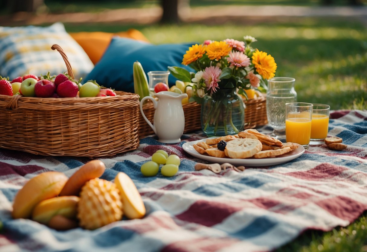 A picnic scene with various themed decorations, including tropical, vintage, and bohemian elements arranged on a checkered blanket with a wicker basket and colorful cushions