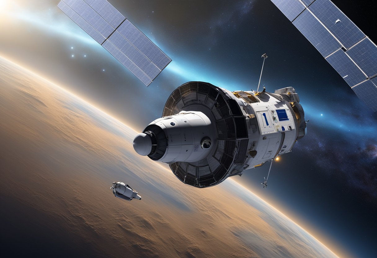 A spacecraft with the ESA logo on its exterior, floating in the vastness of space