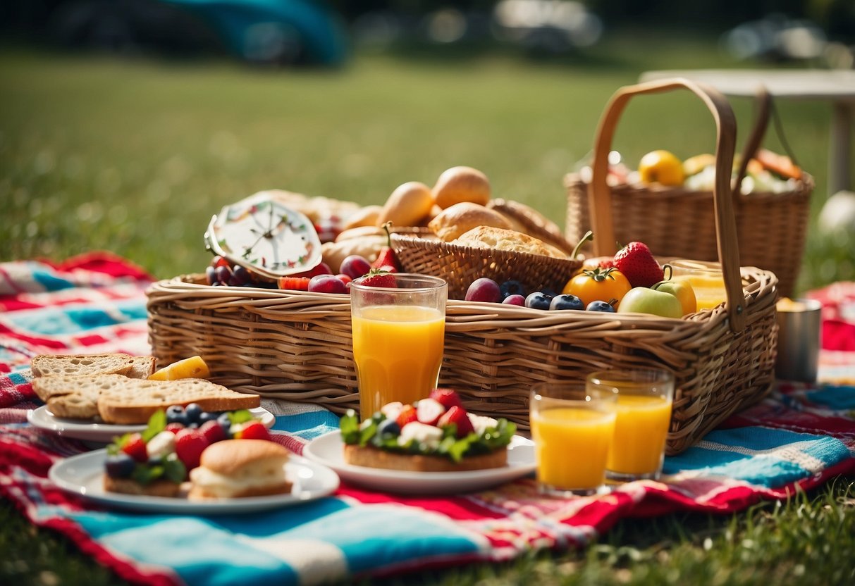 A vibrant picnic scene with themed decorations, games, and food spread out on colorful blankets under a sunny sky