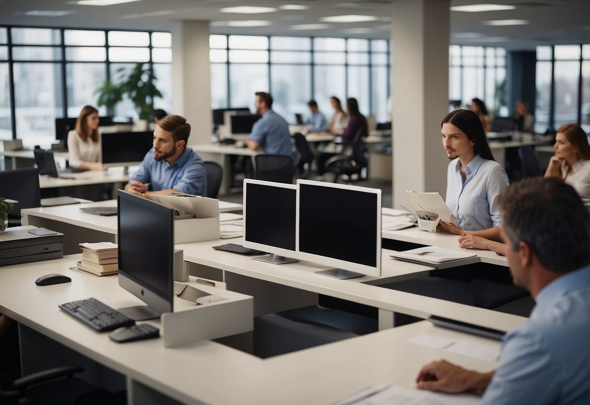 A busy office with people asking questions at a help desk, while others browse furniture catalogs and discuss options