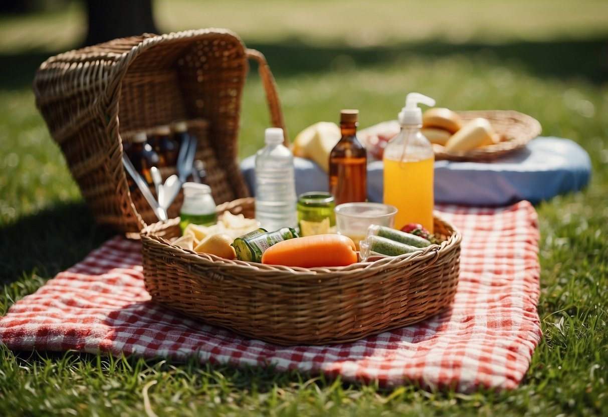 A sunny park with a checkered picnic blanket spread out on the grass. A wicker basket filled with food and drinks sits beside a small cooler. A sunscreen bottle and insect repellent are nearby