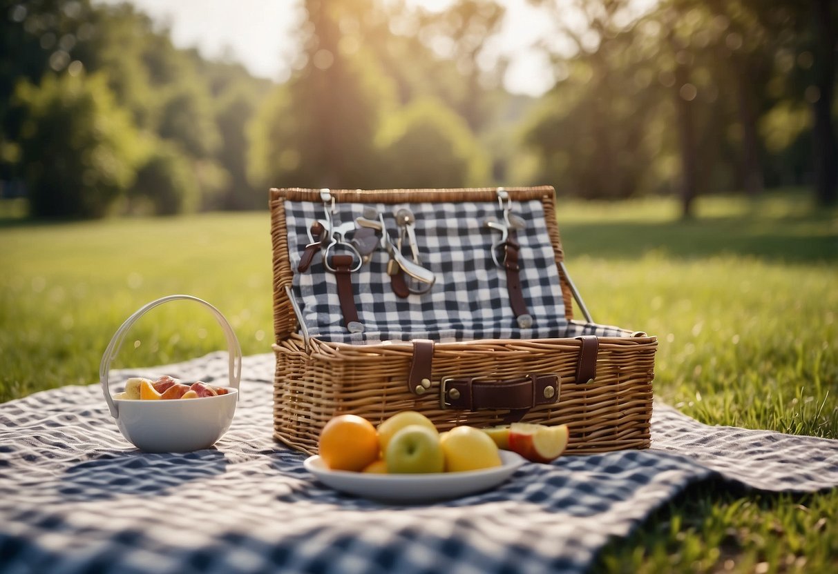 A picnic basket sits on a checkered blanket under a sunny sky. Nearby, a weather forecast and 5 essential safety tips are displayed