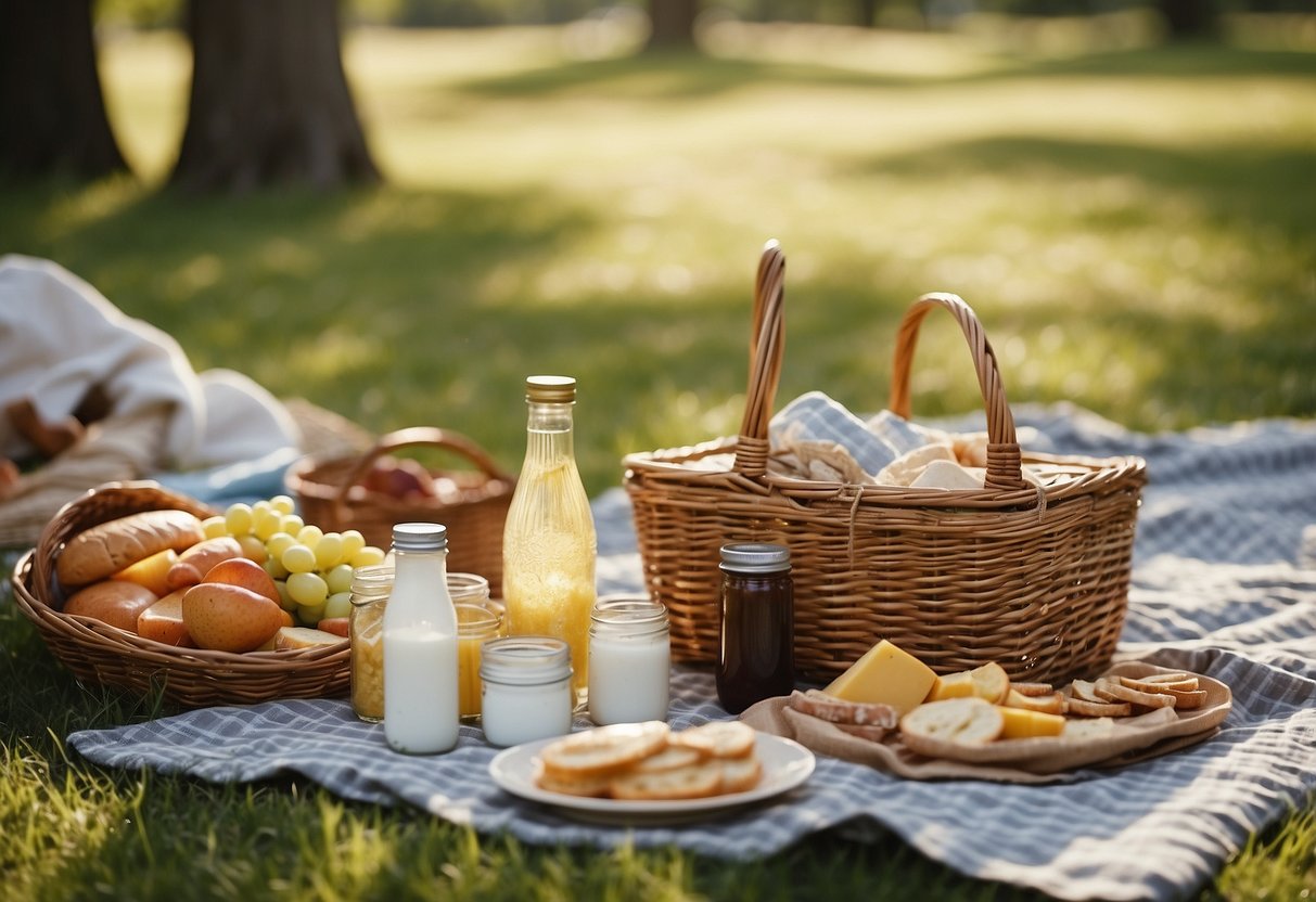 A family picnicking in a grassy park. A picnic blanket spread out, a basket of food, and a bottle of sunscreen nearby