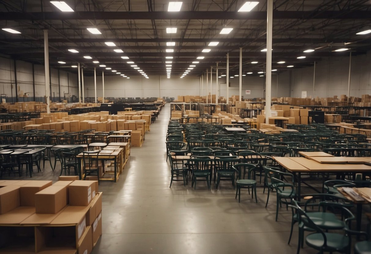 A crowded furniture warehouse with rows of discounted chairs, tables, and shelves. Customers browse through the aisles, examining price tags and testing out the merchandise