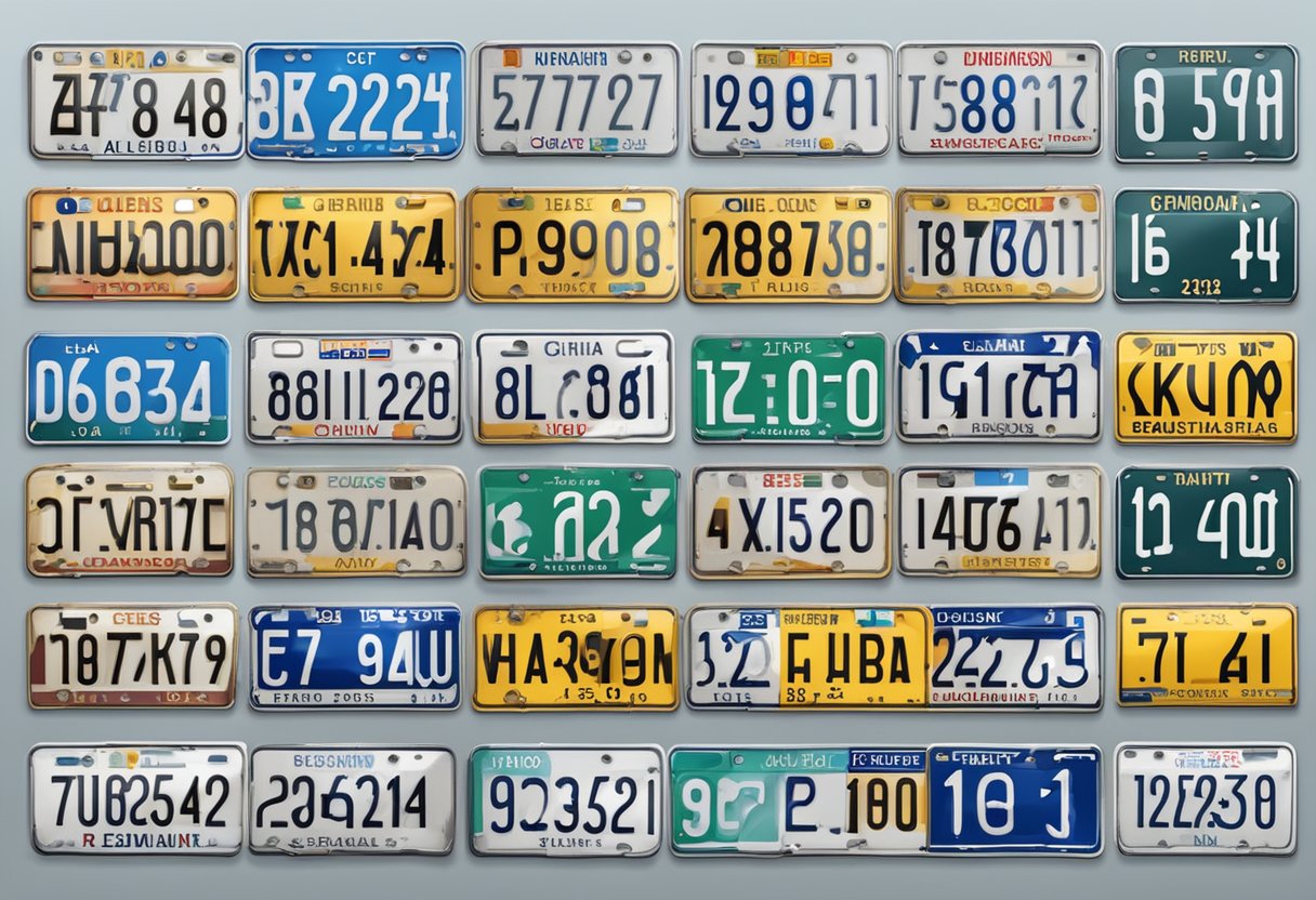 A row of German license plates hanging on a wall, each one representing a different city or region