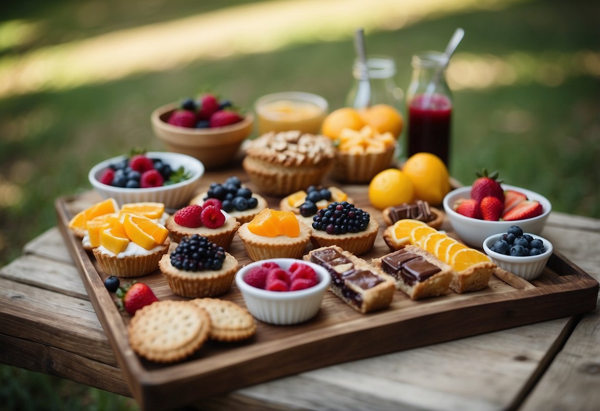 A colorful picnic blanket spread with an array of delectable desserts, including fruit tarts, cupcakes, and cookies, arranged on a rustic wooden tray