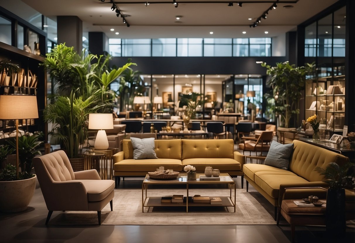 A bustling furniture store in Singapore, with rows of stylish and budget-friendly pieces. Customers browse through shelves and display areas, comparing prices and designs