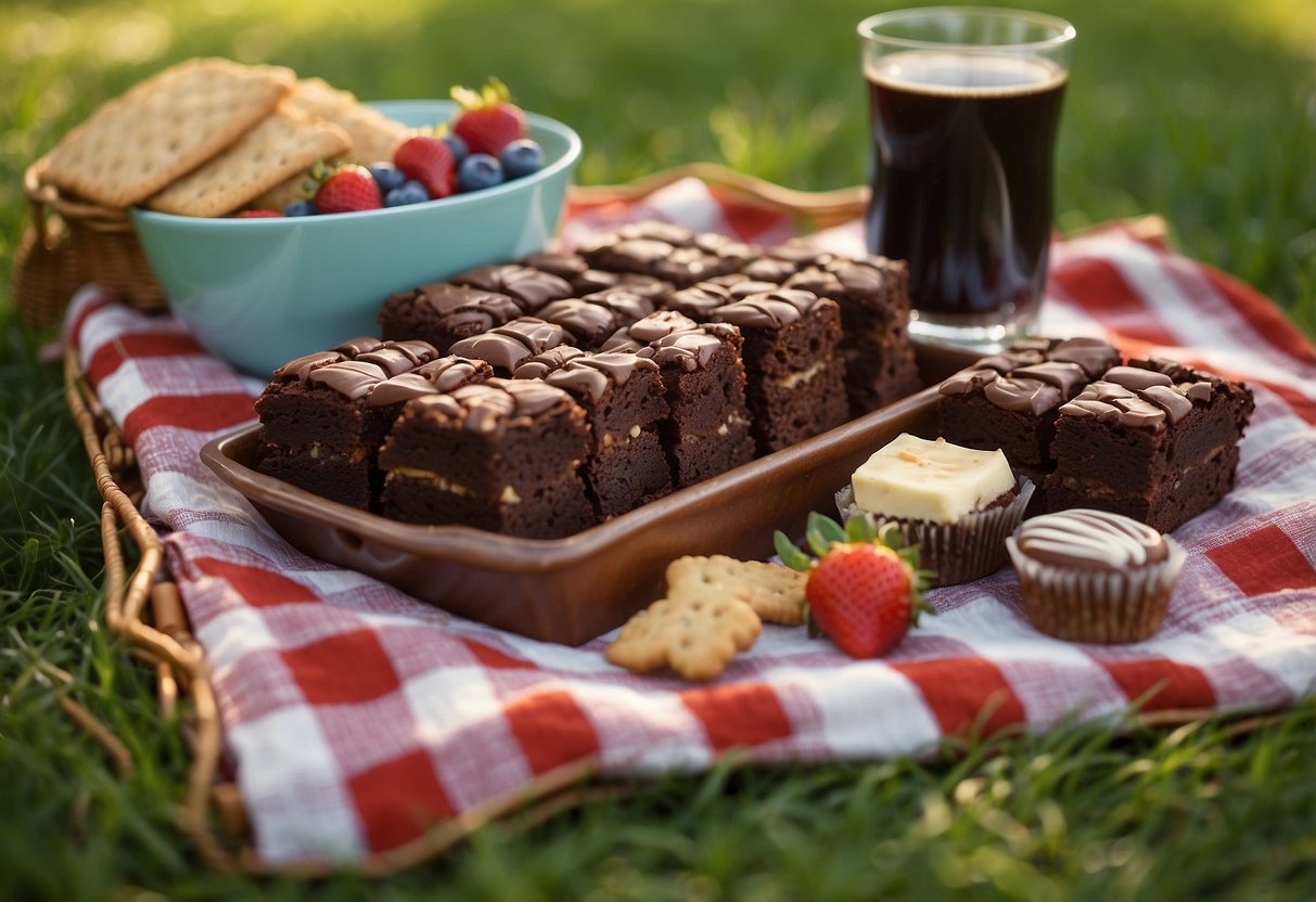 A checkered picnic blanket spread out on green grass, with a wicker basket filled with an assortment of delicious brownies and other sweet treats