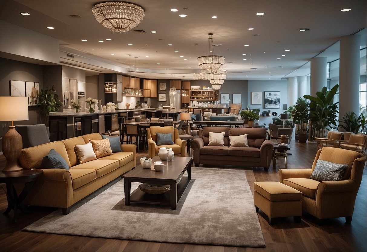 A spacious room with a variety of furniture including sofas, tables, and chairs. A sign reads "Affordable Furniture for Every Room" above a display