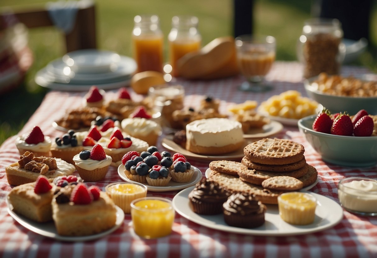 A picnic spread with an assortment of desserts laid out on a checkered blanket, surrounded by happy people enjoying the sweet treats