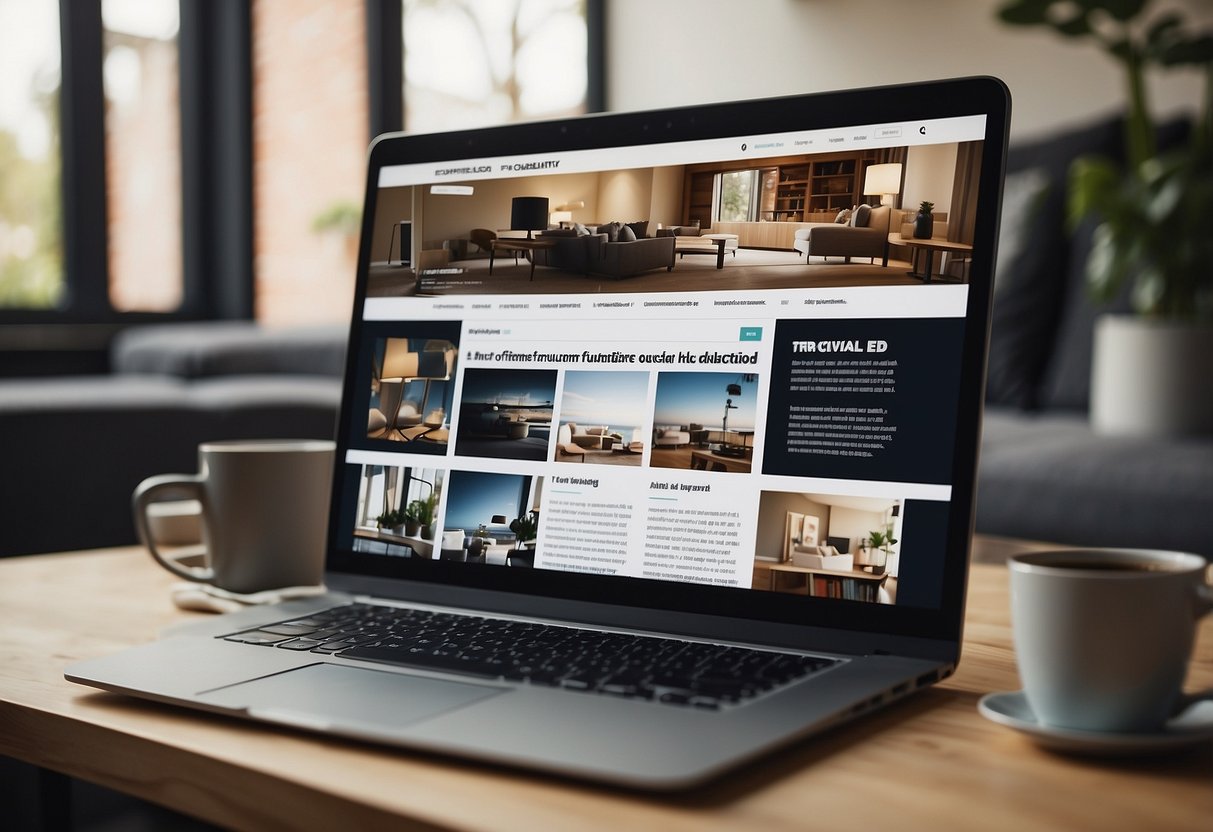 A room with a computer and open browser displaying "Frequently Asked Questions: where to get affordable furniture." A stack of home decor magazines and a notebook with a pen are nearby