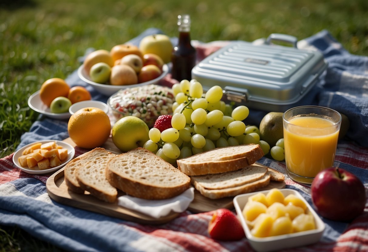 A picnic blanket spread out with a variety of fresh foods, including fruits, sandwiches, and salads, all covered with reusable containers and surrounded by ice packs to keep everything cool and fresh