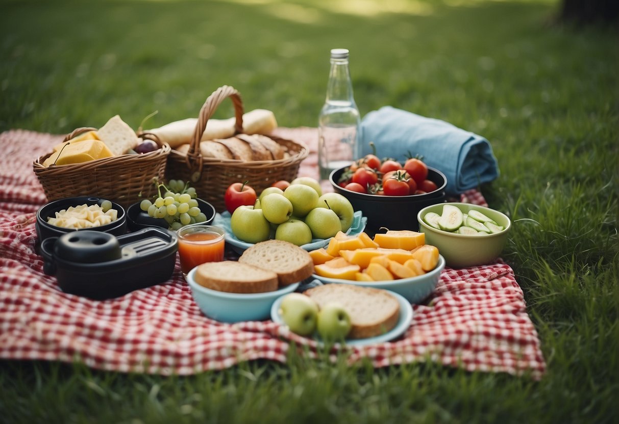 A picnic blanket spread out on lush green grass, with a variety of waterproof containers filled with fresh food and drinks neatly arranged on top