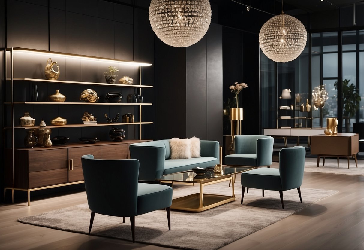 An elegant showroom displays modern Italian furniture pieces in a well-lit space with clean lines and luxurious materials
