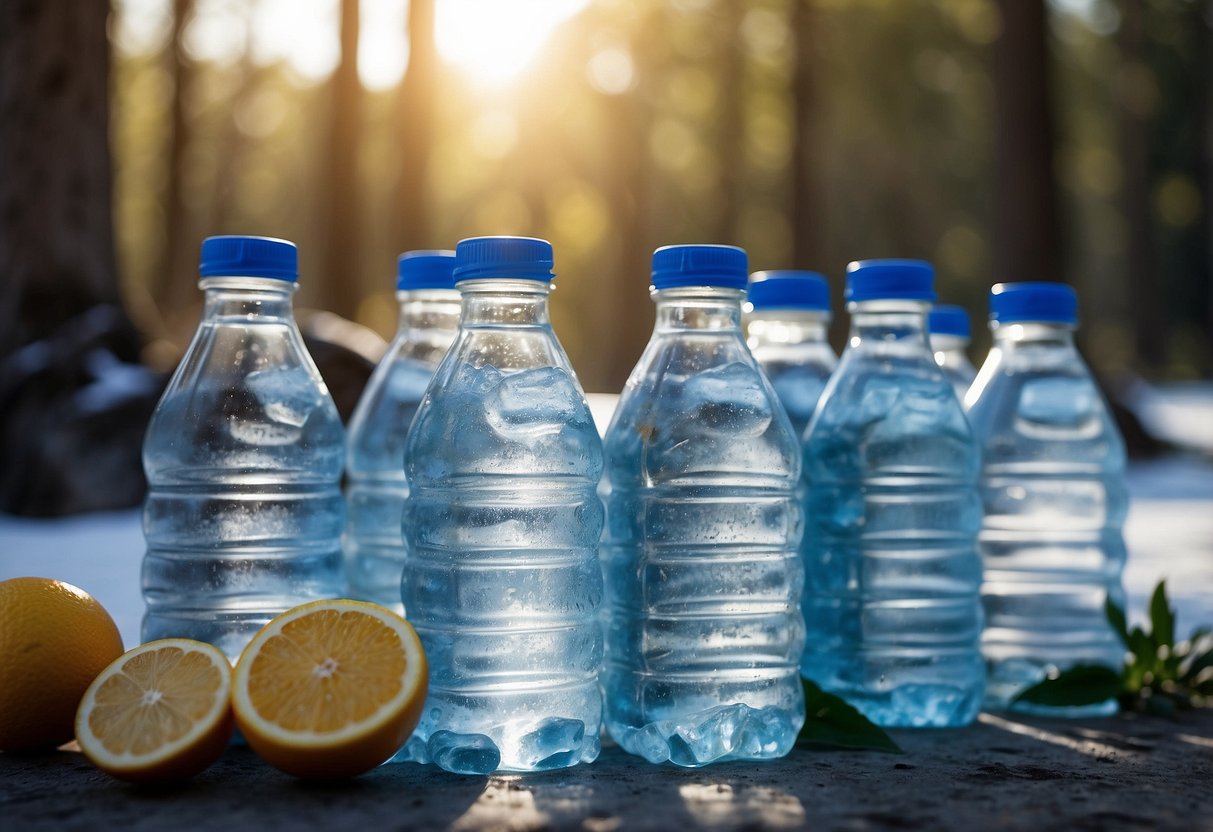 Bottles of water placed in the freezer, surrounded by ice packs. Picnic spread with various foods, covered with lids and wraps