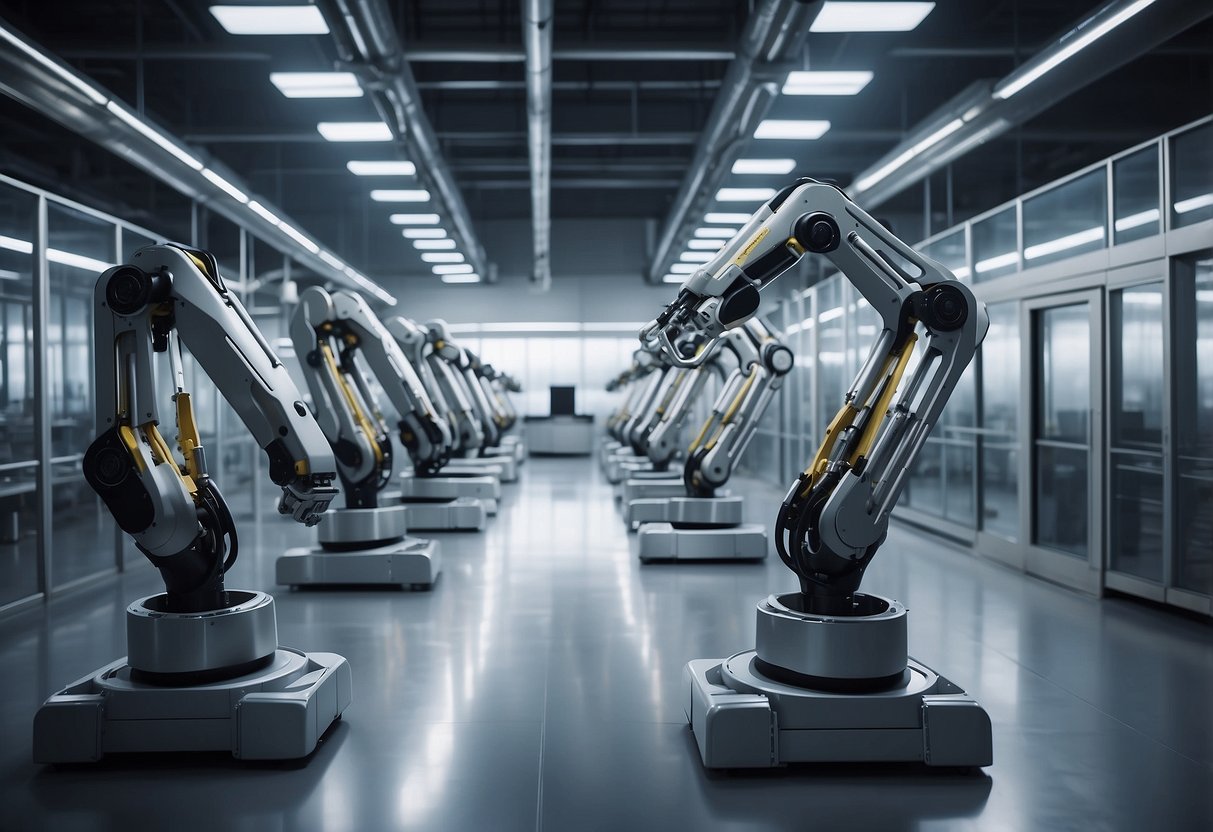 Robotic arms assemble sleek, modular furniture in a futuristic factory. Advanced technology and automation revolutionize the industry
