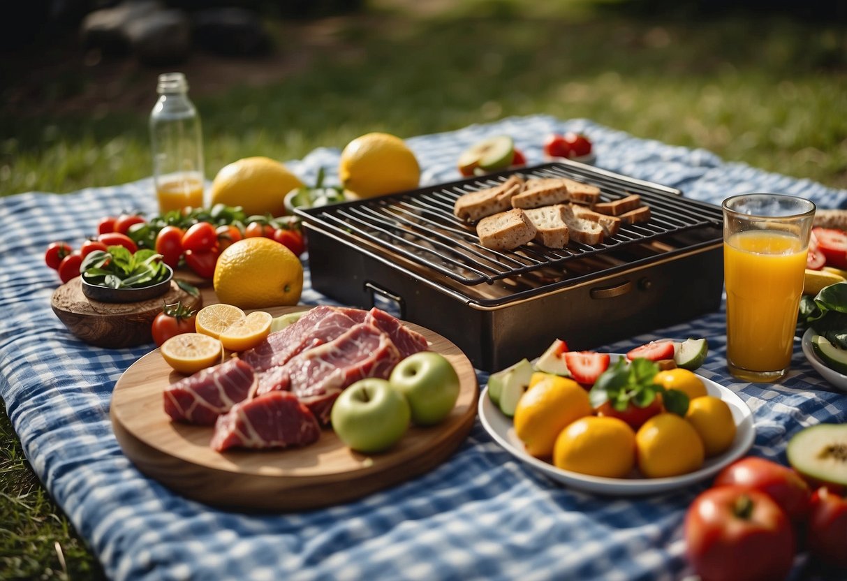 A picnic blanket with a spread of fresh fruits, vegetables, and raw meats on one side, and a portable grill with sizzling cooked foods on the other. Ice packs and coolers are strategically placed to keep everything fresh