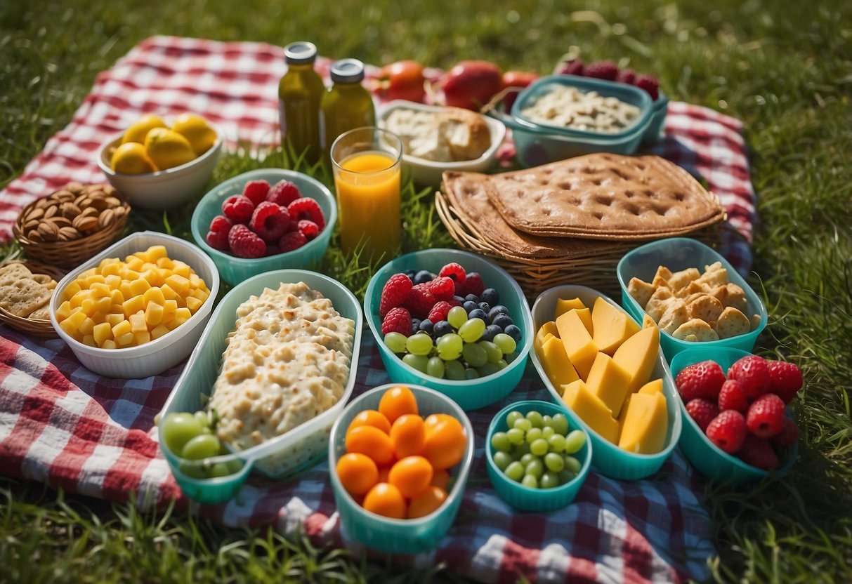 A colorful picnic blanket with a waterproof backing spread out on lush green grass, surrounded by a variety of fresh and vibrant picnic foods neatly arranged in containers and covered with lids to keep them fresh