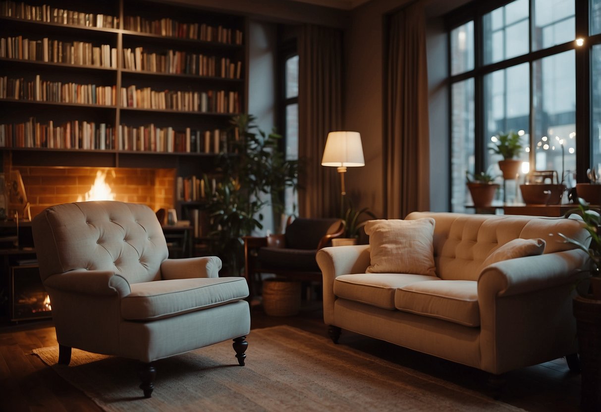 A comfortable armchair and a soft, plush sofa sit in a warmly lit living room, surrounded by bookshelves and a crackling fireplace