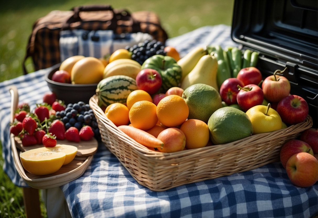 Fresh fruits and vegetables arranged in separate baskets at a picnic. Coolers and ice packs nearby to keep the food fresh. Sunny outdoor setting with a checkered picnic blanket