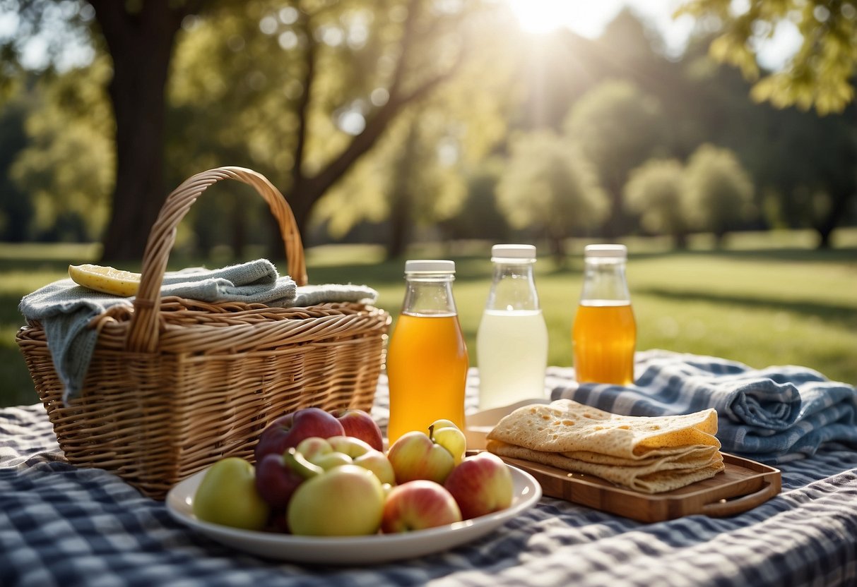 A picnic scene with a basket of food, open microfiber towels covering dishes, and a cooler nearby. Sunlight and trees in the background