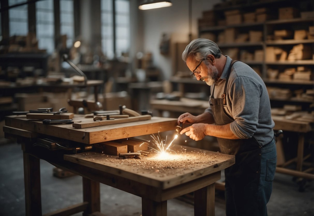 An Italian furniture workshop hums with activity as artisans meticulously craft elegant pieces, surrounded by tools and raw materials