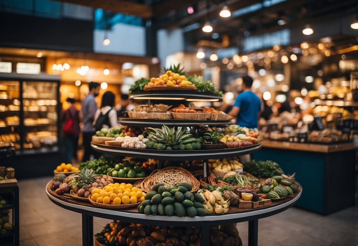 Vibrant market scene with various furniture displays, showcasing competition and innovation in the industry