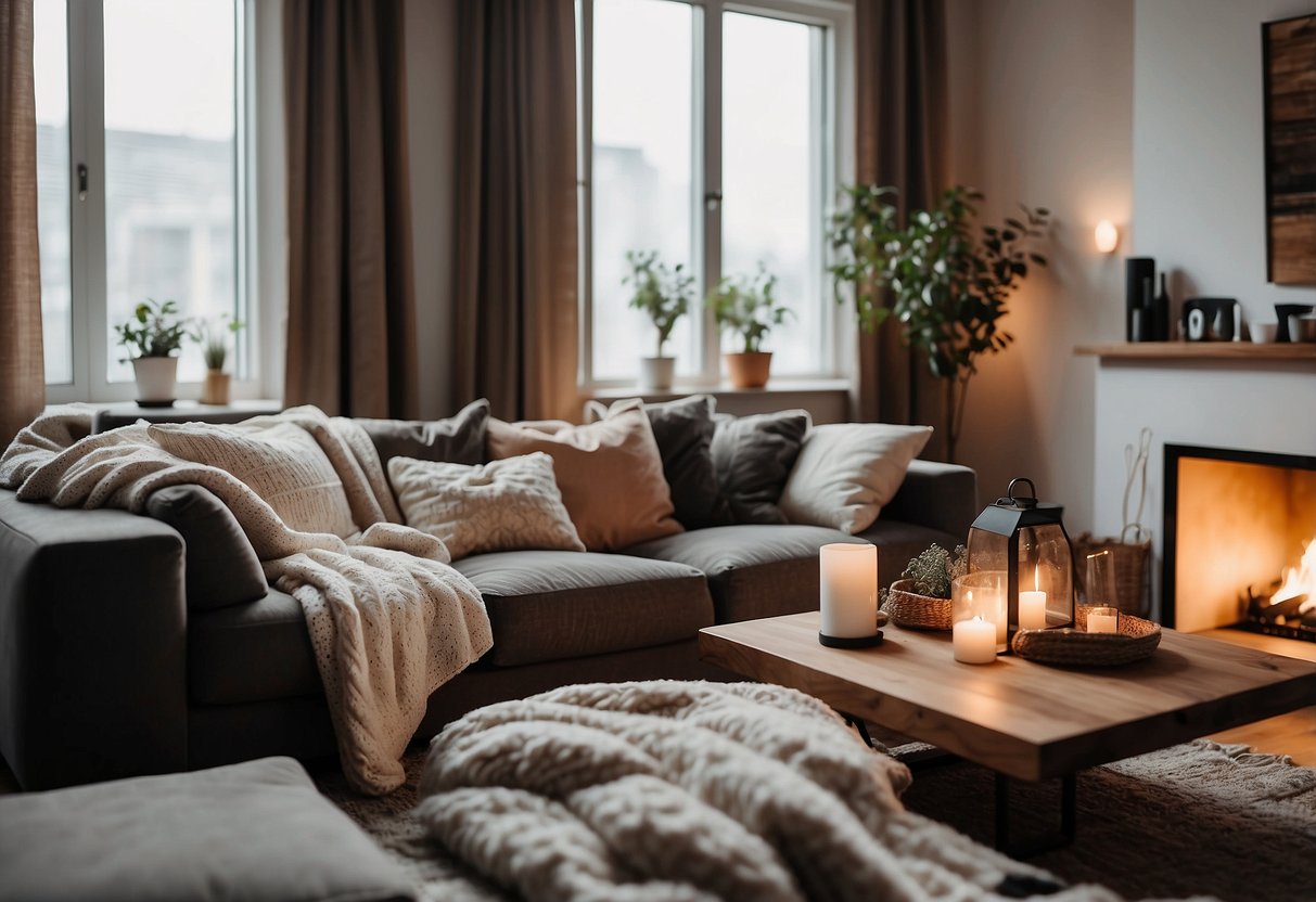 A cozy living room with a plush, oversized sofa surrounded by soft throw blankets and pillows, bathed in warm, inviting light