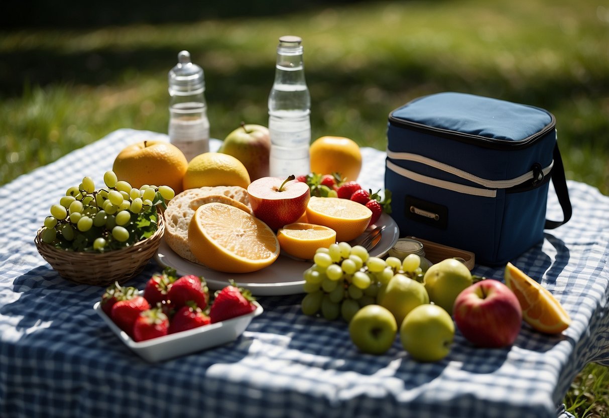 A picnic blanket spread out in a shaded area, with a cooler and ice packs to keep food fresh. A thermometer displays the optimal temperature. A variety of fresh fruits, sandwiches, and salads are neatly arranged on plates