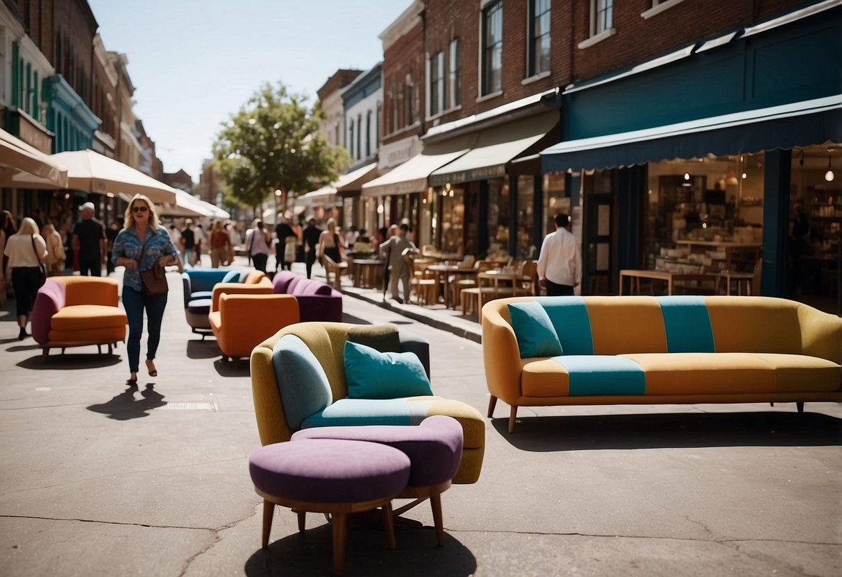 A bustling street lined with colorful furniture shops, displaying an array of sofas, tables, and cabinets. Customers browse while vendors chat and negotiate