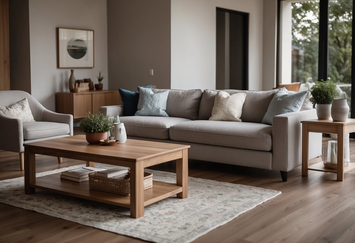 A living room with a sofa, coffee table, and rug. A dining area with table and chairs. Bedroom with bed, nightstands, and lamps