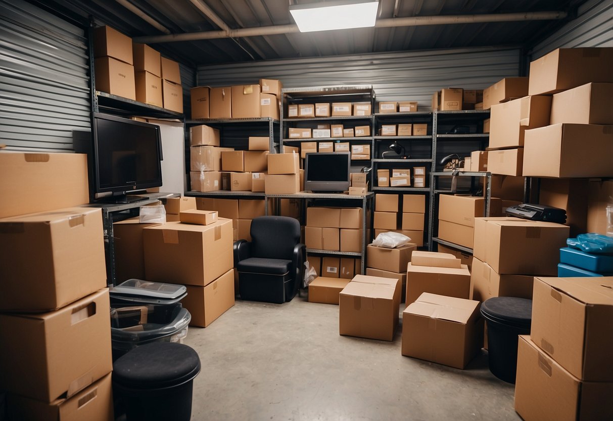 A cluttered room with neatly stacked furniture and boxes inside a self storage unit