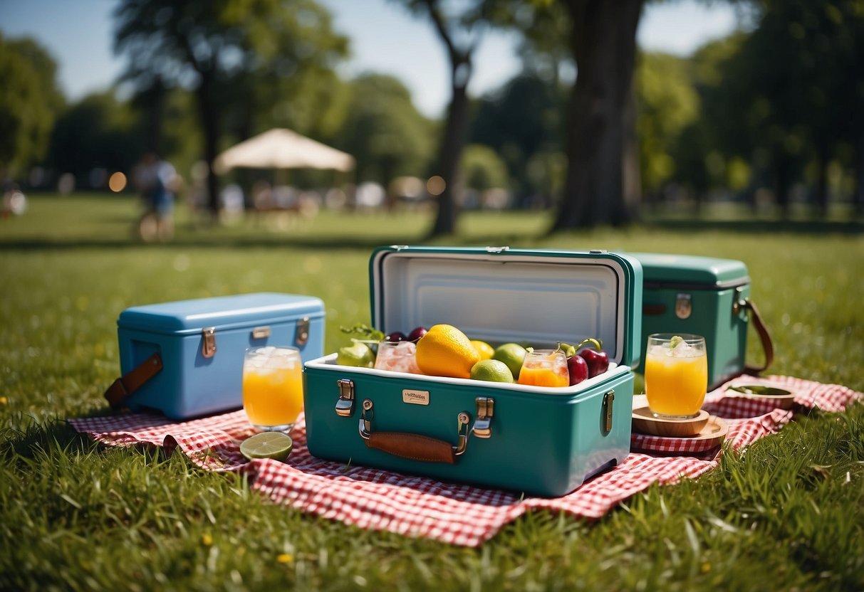 A colorful array of picnic coolers filled with ice and drinks, nestled in a lush green grassy setting