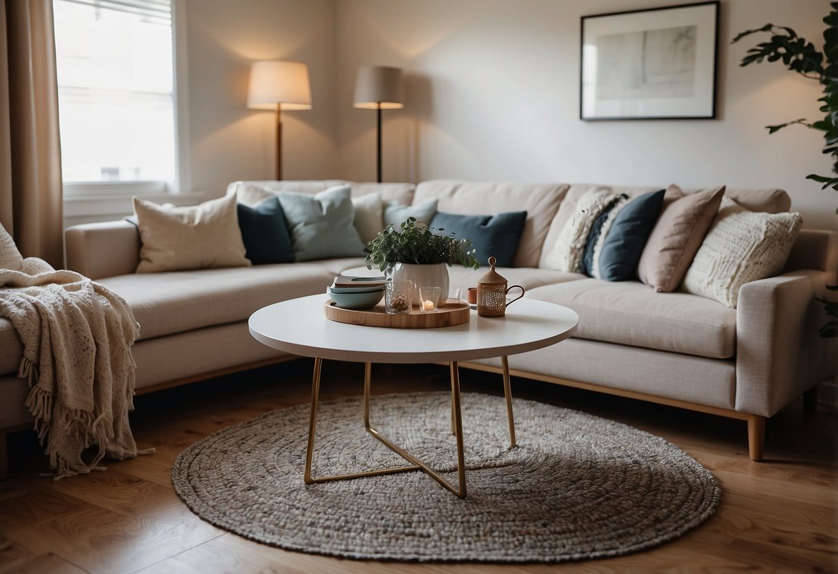 A living room with a sofa, coffee table, and rug. A dining area with a table and chairs. A bedroom with a bed, nightstand, and dresser