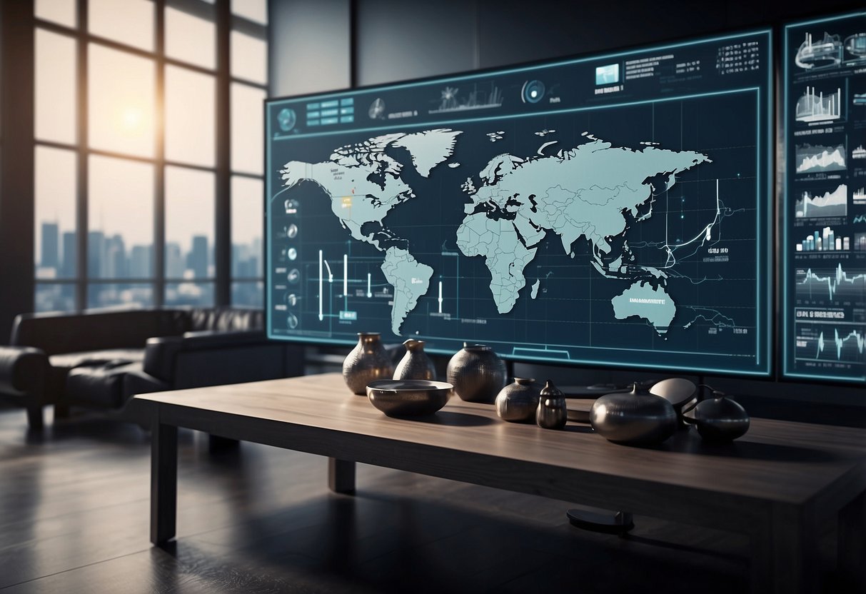Various regions represented by icons with furniture symbols. Data charts and graphs show market analysis. Futuristic design elements