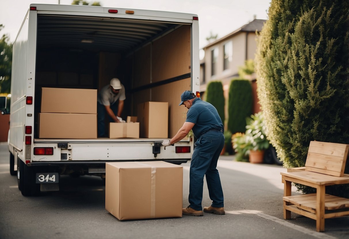 A delivery truck unloading cozy furniture. A maintenance worker inspecting and fixing a piece. Aftercare instructions displayed nearby
