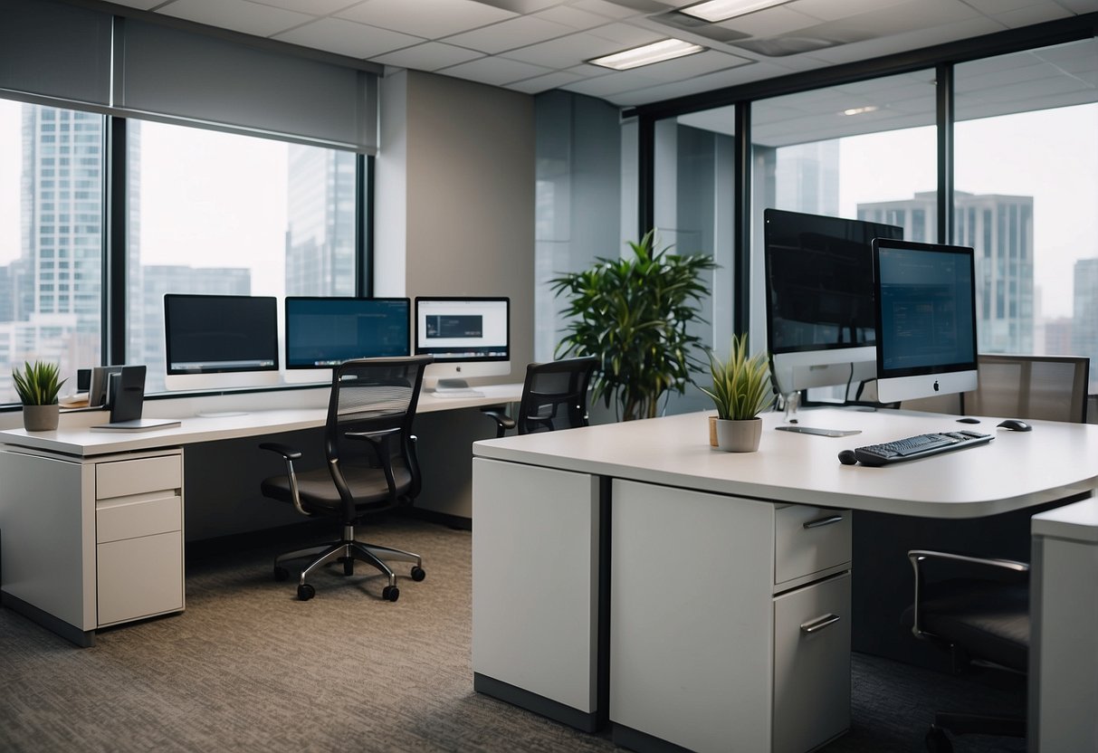 A modern office with sleek CSIL furniture, including desks, chairs, and storage units, arranged in a clean and organized layout