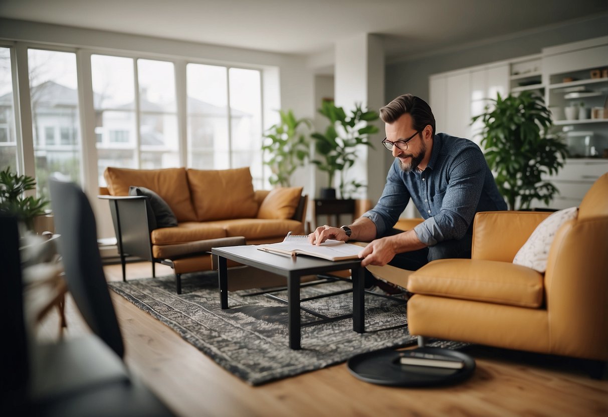 A customer selects furniture items from a catalog, fills out a rental agreement, and schedules delivery and set-up with a representative