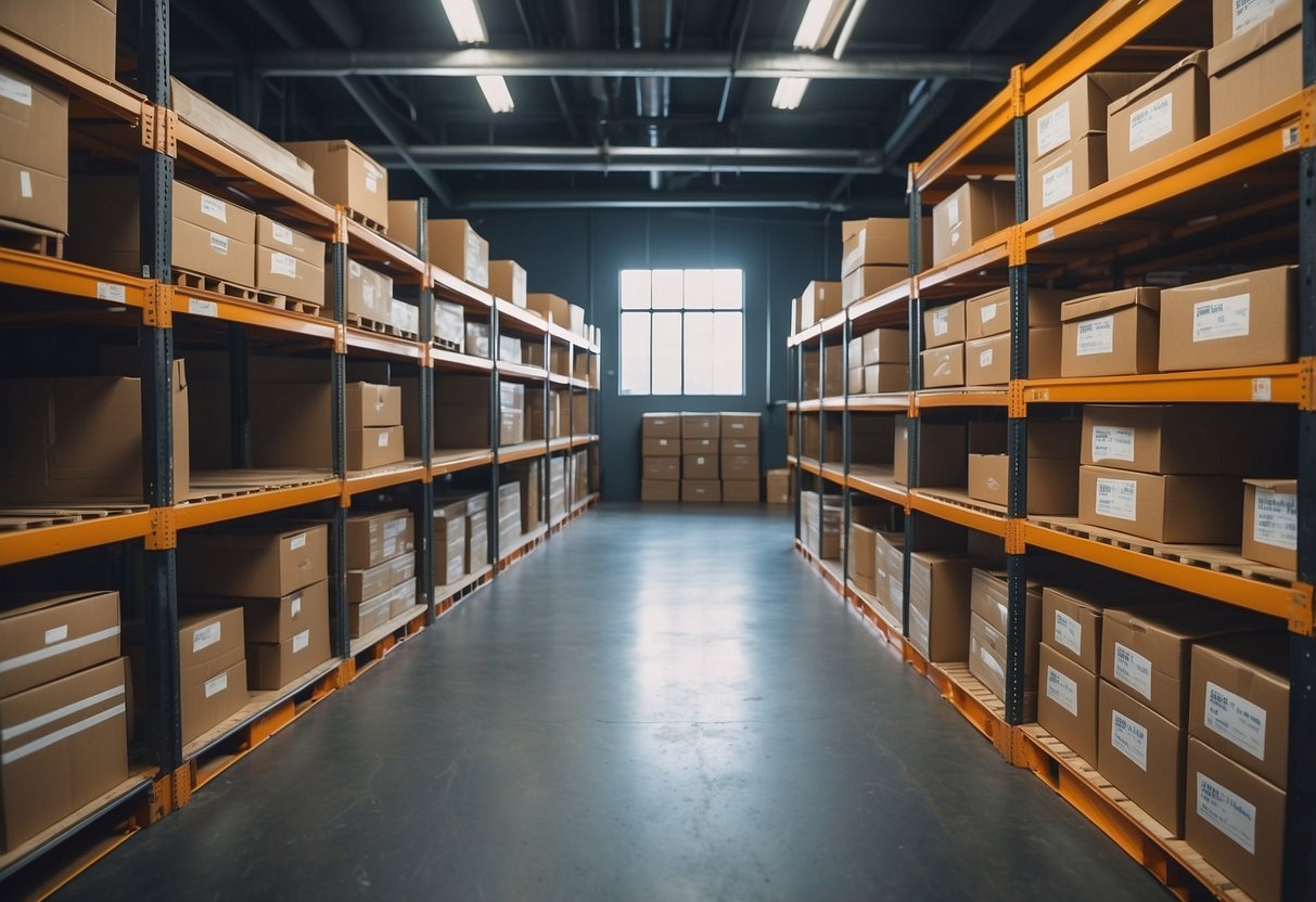 Furniture neatly arranged in a secure, climate-controlled storage unit with labeled boxes and protective covers