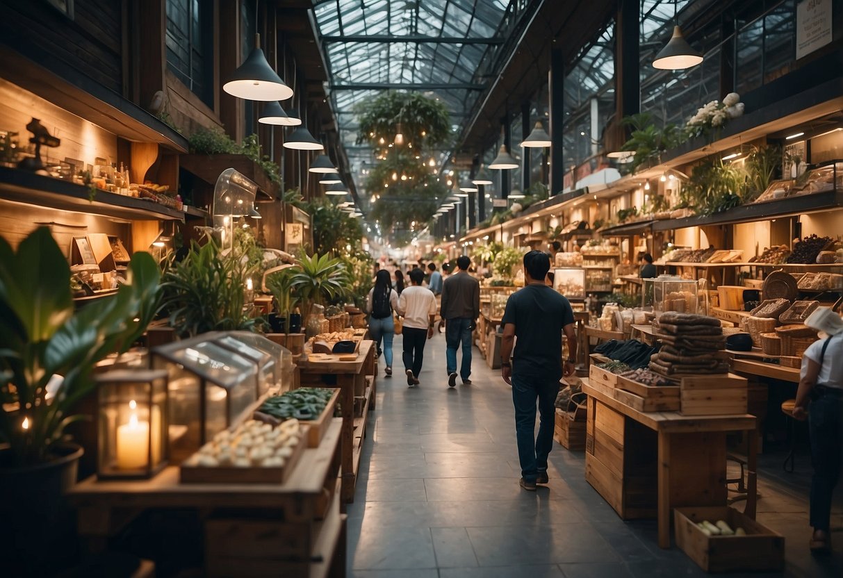 A bustling global market with diverse furniture displays and international vendors