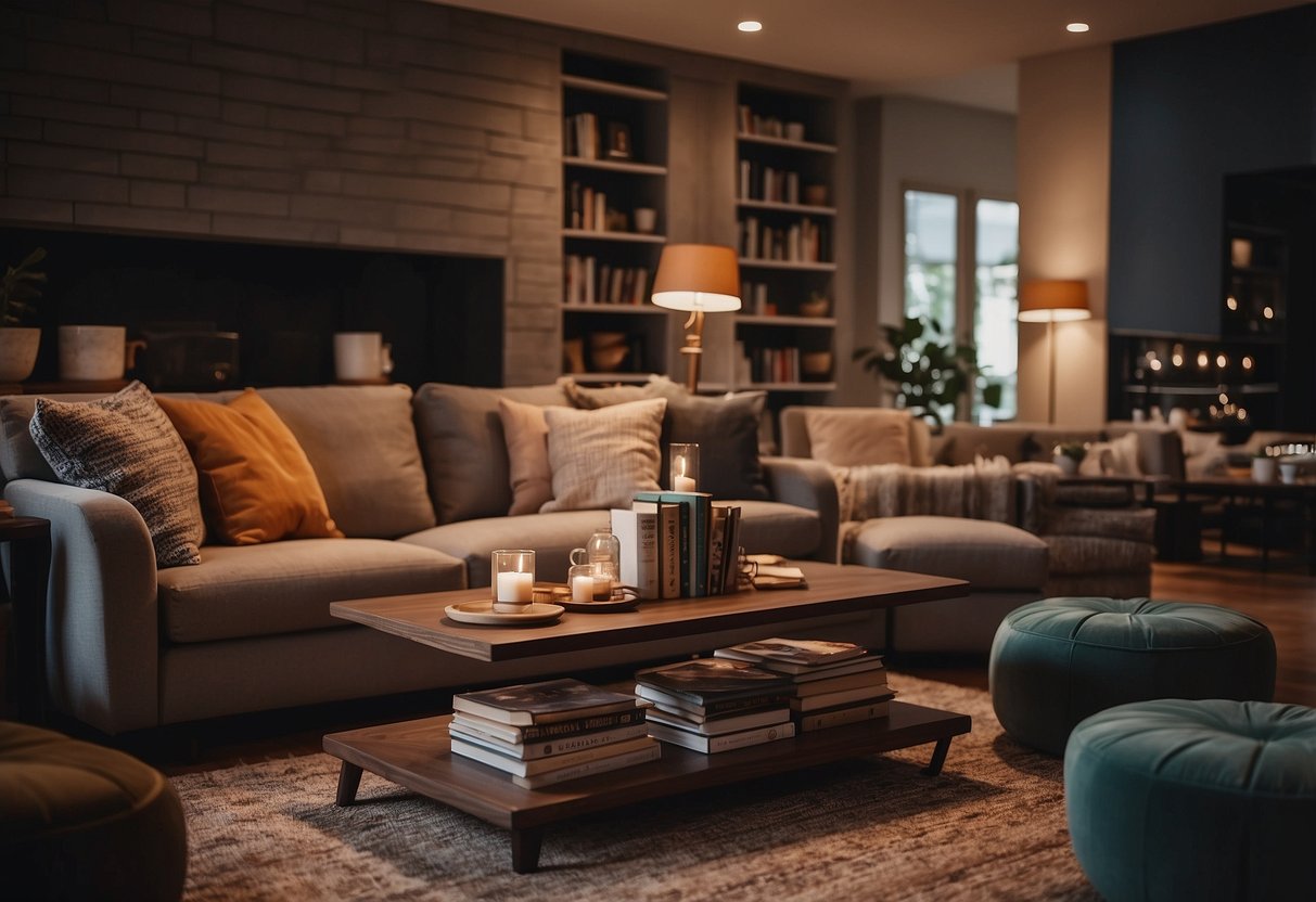 A cozy living room with plush furniture and warm lighting, a stack of Frequently Asked Questions books on the coffee table
